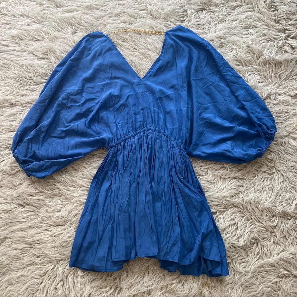 Mustard Seed 'English Blue' wide sleeve front tie v-neck chain dress - Picture 4 of 7